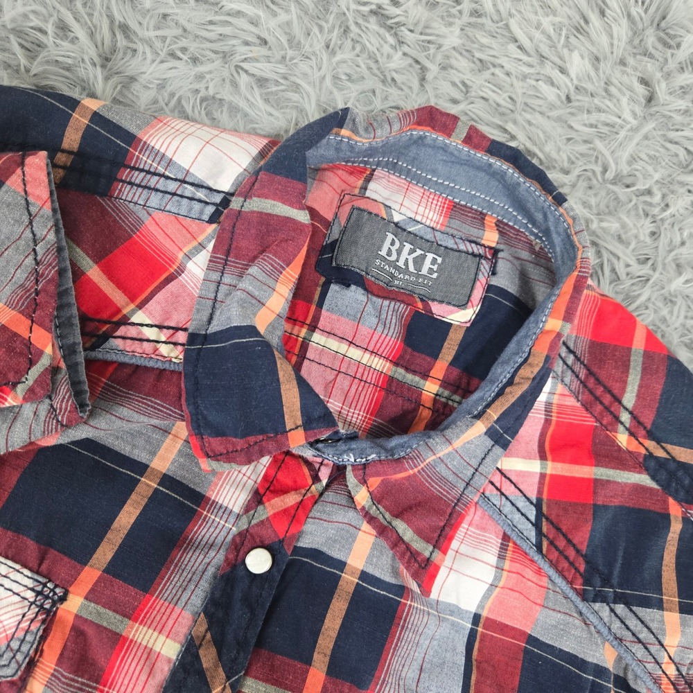 BKE Plaid Button Down Shirt‎ XL Red Navy White Standard Fit B2299 Snap Pockets
